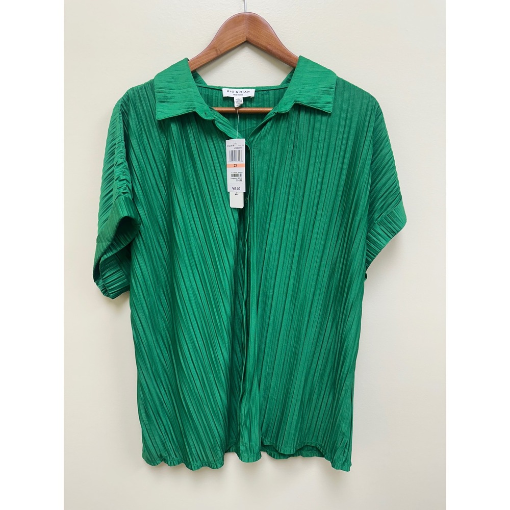 Rio & Rian New York Green Plisse Pleated Button Down Shirt 2X New